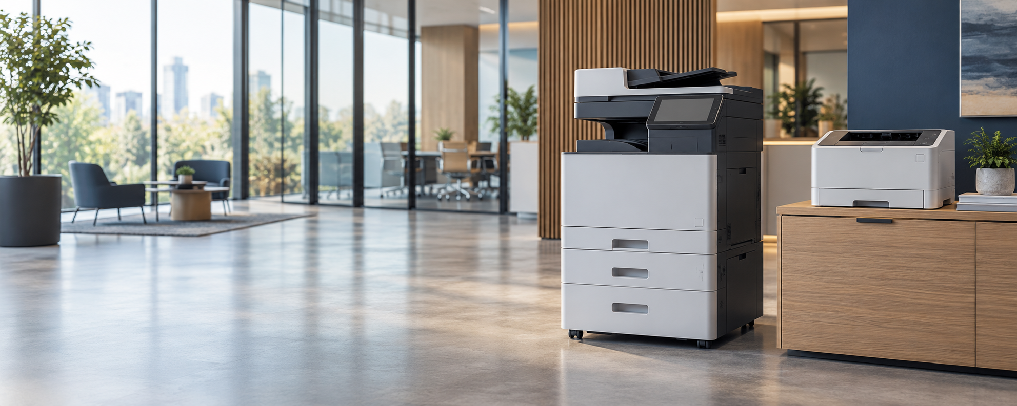 Modern multifunction copier and business printer in a contemporary office